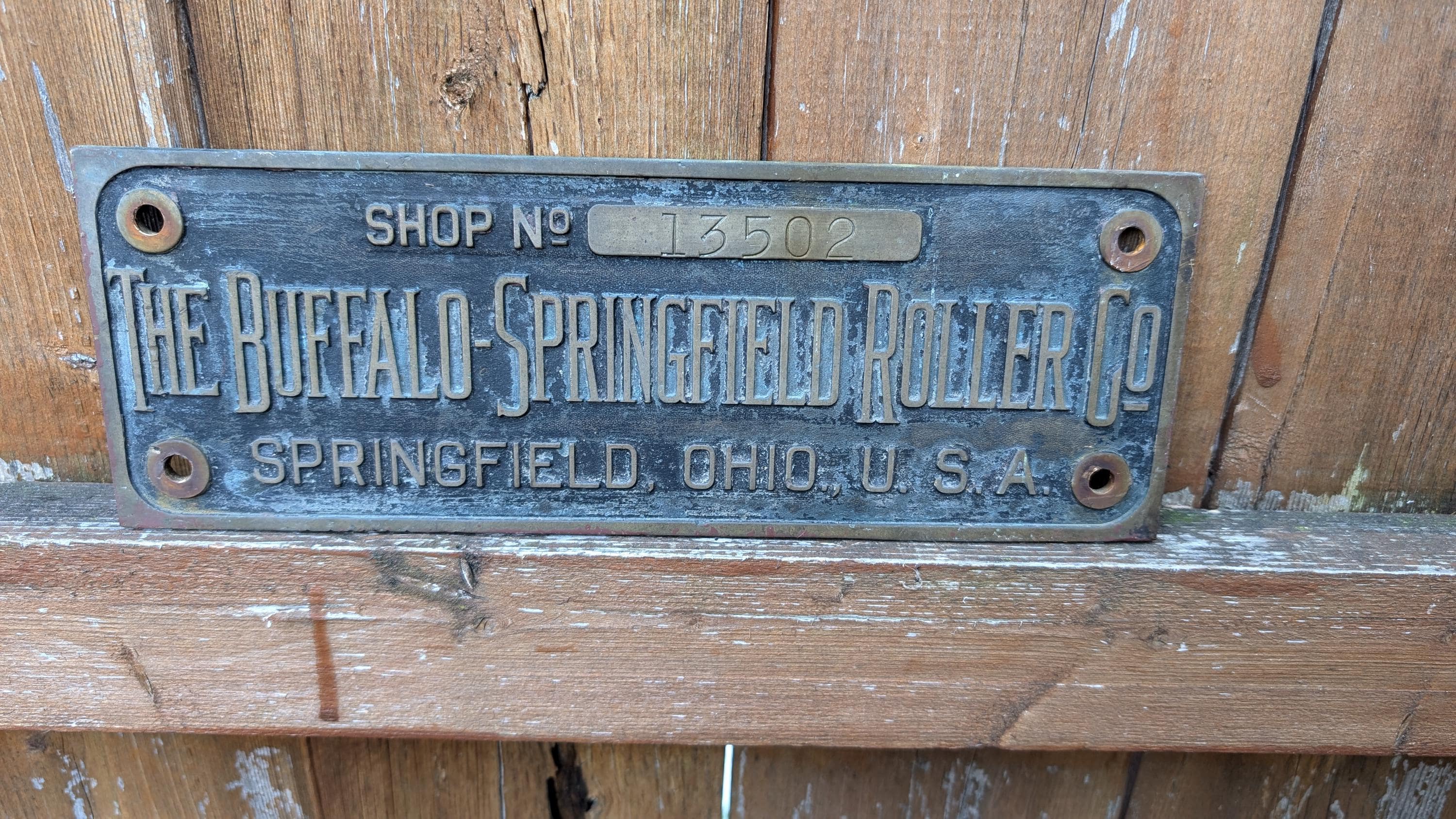 Vintage 1920s The Buffalo Springfield Roller Co Springfield Ohio Brass plaque .