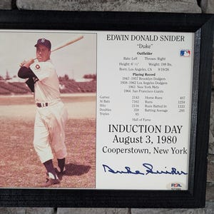 Autographed Duke Snider Brooklyn Dodgers 8x10 inch framed photo with certificate of authenticity from PSA