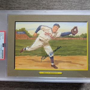 Carta Jumbo autografata Billy Herman Chicago Cubs Perez Steele Great Moments, certificata autentica e con targa PSA/DNA