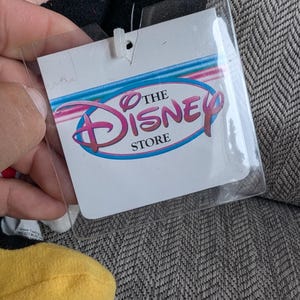 K&ouml;nnte beinhalten: Ein durchsichtiges Kunststoffetikett mit den Worten "THE DISNEY STORE" in Rosa und Blau, befestigt an einem Pl&uuml;schtier. Das Etikett ist rechteckig mit abgerundeten Ecken und einem kleinen Loch oben. Das Disney-Logo ist deutlich sichtbar.