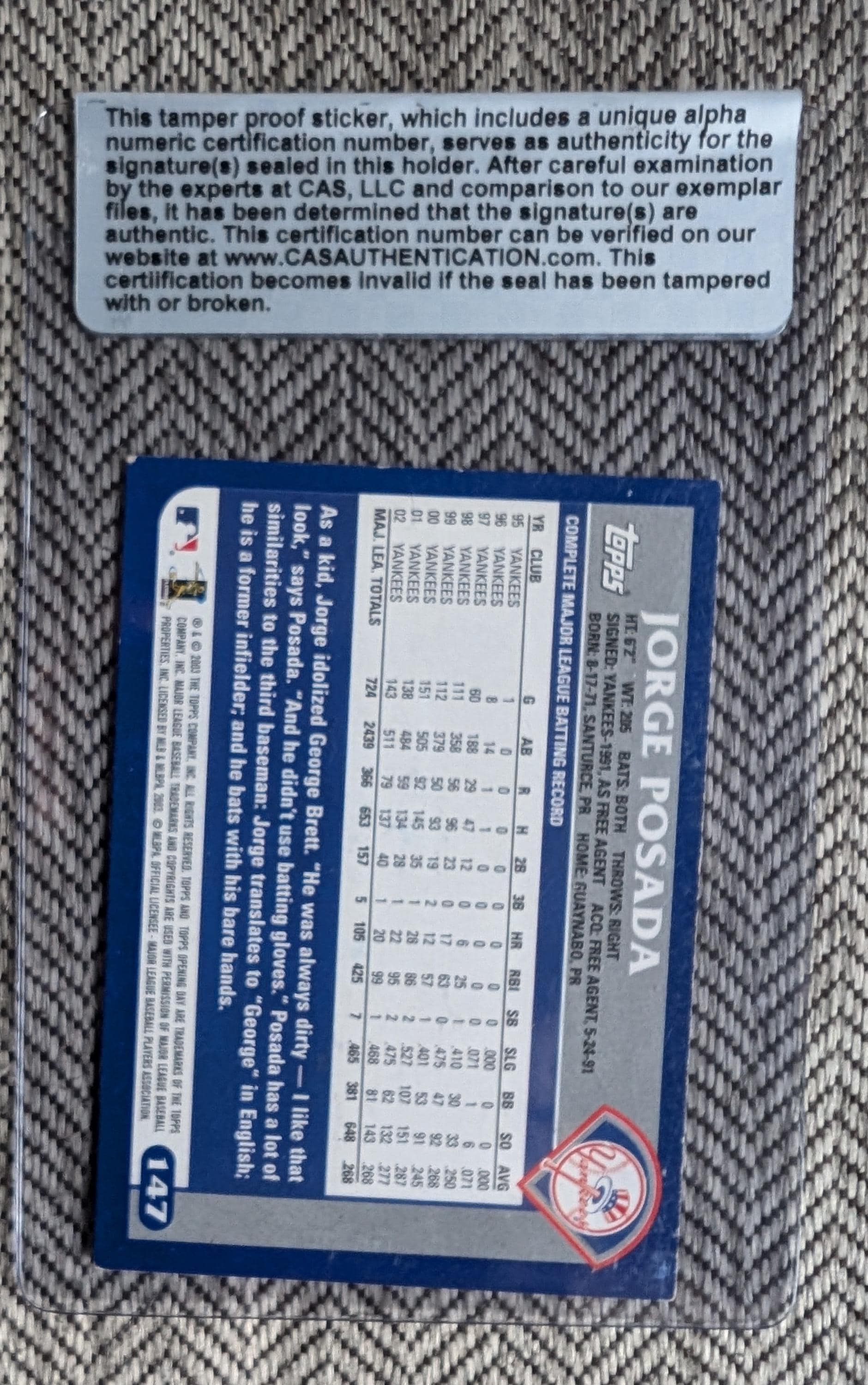 ホルヘ・ポサダ直筆サイン入りニューヨーク・ヤンキース Topps 2003