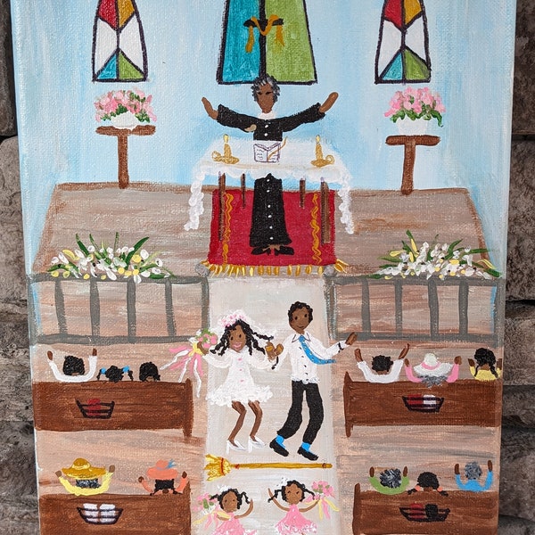 Primitive New Orleans LA Folk Art. 9x12 inch original signed painting by Artist P. Ford. Title: Jumping The Broom