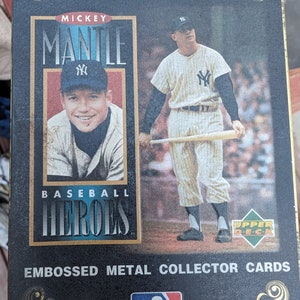 Vintage des années 1990 Impressions métalliques Mickey Mantle 5 cartes de baseball en métal avec boîte de rangement