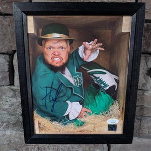May include: Framed artwork featuring a person in a green outfit and hat, with a signature. The person is in a wooden box with straw. The frame is black and the background is a stone wall.