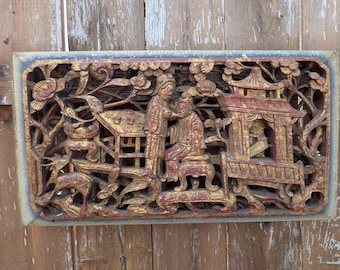 Panel arquitectónico antiguo chino del siglo XIX, tallado a mano en madera dorada con inmortales.