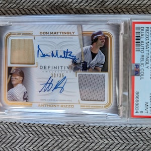 Autographed Don Mattingly and Anthony Rizzo NY Yankees Topps Definitive dual relic card /35 graded 9 mint and authenticated by PSA