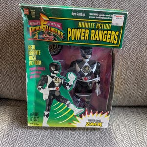 Vintage 1994 Bandai 8 inch Mighty Morphin Power Rangers Karate Action Power Rangers Action figure in original box. Zack Black Ranger