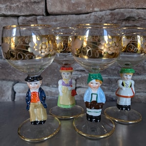 Vintage Set Of 4 Goebel Hummel figurine Cordial Wine Glasses. German Hand Painted Stemware 14k Gold detail.