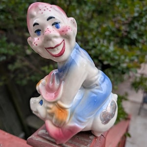 Vintage 1950s Ceramic Howdy Doody Riding A Pig Coin Bank Piggy Bank