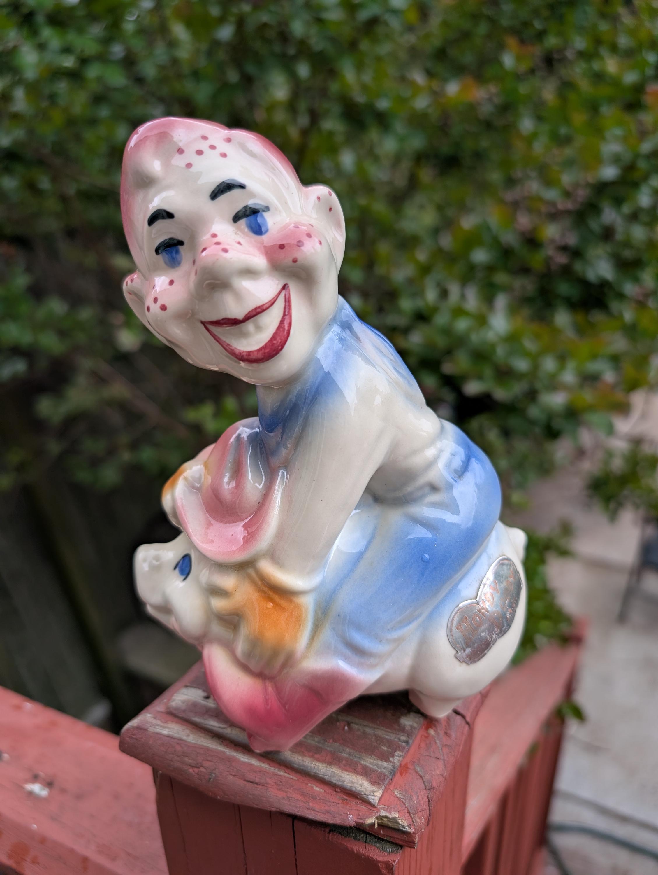 Vintage 1950s Ceramic Howdy Doody Riding A Pig Coin Bank Piggy