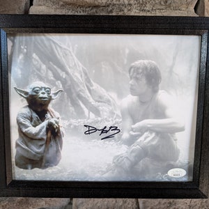 May include: A black framed photograph of Yoda and Luke Skywalker from Star Wars. The photograph is signed "DAB" in black marker.