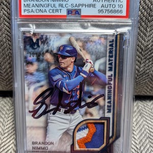 Gesigneerde Brandon Nimmo NY Mets Topps Meaningful Game versleten patch relikwie honkbalkaart gecertificeerd authentiek en ingekapseld door PSA