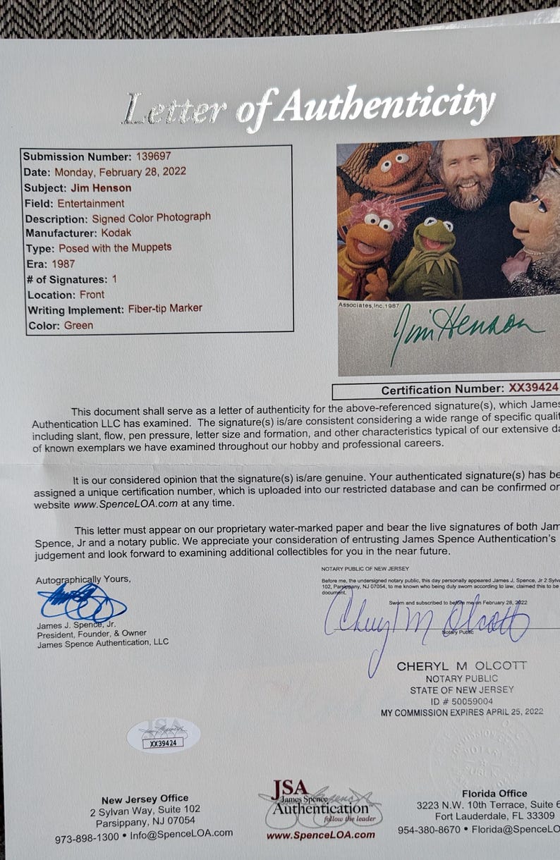 Jsa Authentication Letters Autographed Jim Henson the Muppets Creator and Puppeteer 8x10 Inch ...