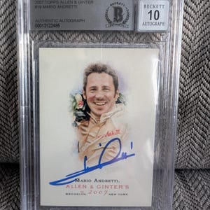 Handsignierte Mario Andretti Sammelkarte von der Nasscar Legende Topps Allen & Ginters. Authentisch zertifiziert und von Beckett signiert