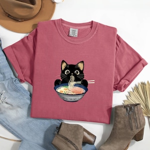 Ramen Cat T-Shirt, Noodle Cat Shirt, Funny Noodle T-Shirt, Cat Lover Shirt, Black Cat Noodle Tee, Cute Black Cat Ramen Shirt for Kids