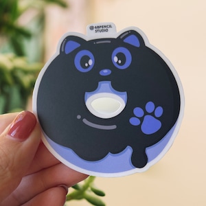 Sticker chat noir donut - Sticker vinyle mat chat noir mignon - cadeau pour amoureux des chats - nourriture kawaii - Sticker bouteille d'eau / ordinateur portable