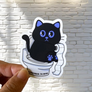 Sticker finition mate chat aux toilettes - Sticker animaux amusants - Sticker chat noir - Sticker pour bouteille d'eau, ordinateur portable