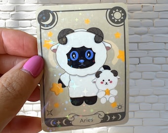Aries Zodiac Cat Sticker - Handmade Holographic Vinyl Sticker