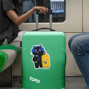 Sticker pour bagage sur le thème des chats - Sticker chat prêt à voyager - Chat mignon avec bagage et passeport - Sticker pour valise - Grand sticker pour bagage