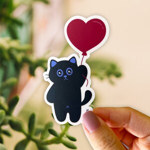 Sticker chat coeur ballon - Sticker chat noir mignon - Sticker coeur - Sticker animal - Sticker ordinateur portable/bouteille d'eau
