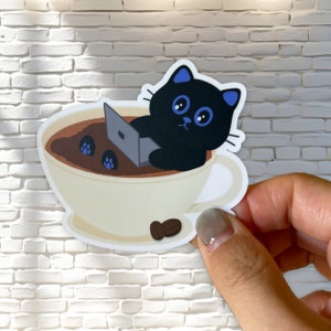 Caffeinated Cat Laptop Sticker: Coffee Lover Gift