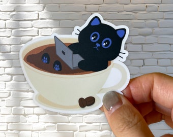 Caffeinated Cat Laptop Sticker: Coffee Lover Gift