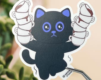 Caffeinated Cat Vinyl Sticker: Funny Coffee Lover Laptop Decal