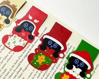 Weihnachts Magnet Lesezeichen: Schwarze Katze, 4er Set