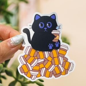 Coffee Cat Chaos Sticker – Cute Black Cat with Coffee Cups Vinyl Sticker for Coffee Lovers - Laptop/Water bottle Sticker