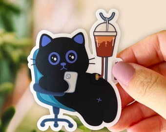 Caffeinated Cat Vinyl Sticker: Coffee IV Drip, Laptop Decal
