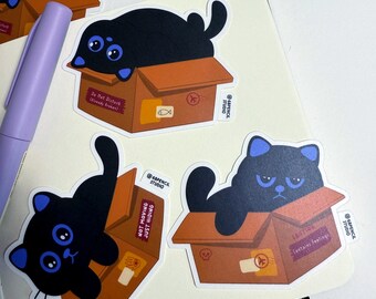 Black Cat in Box Sticker Set – Lazy Mood Vinyl Stickers – Cute Mental Health Cat Stickers for Planners, Laptops, and Water Bottle