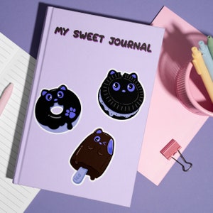 Pack d'autocollants chat noir sur le thème des desserts - Autocollants mignons de bonbons kawaii pour agendas, ordinateurs portables et journaux intimes - Cadeau pour les amateurs de bonne chère