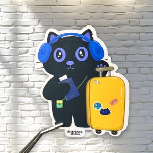 Travel Ready Cat Sticker – Cute Cat with Luggage & Passport - Black Cat Sticker - Water bottle sticker, Laptop Decal, Colored Decal