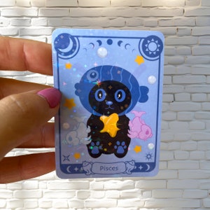 Sticker zodiaque Poissons - Sticker holographique - Sticker chat noir - Sticker zodiaque - Sticker bouteille d'eau, ordinateur portable, téléphone