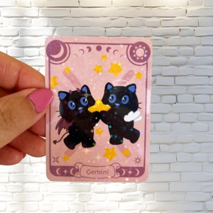 Sticker zodiaque Gémeaux - Sticker holographique - Sticker chat - Sticker zodiaque - Sticker imperméable - Sticker bouteille d'eau, ordinateur portable, téléphone