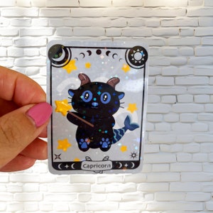 Sticker zodiaque Capricorne - Sticker holographique - Sticker chat - Sticker zodiaque - Sticker imperméable - Sticker bouteille d'eau, ordinateur portable, téléphone