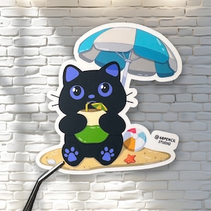 Sticker chat Beach Vibes - Plaisirs d'été avec une boisson à la noix de coco et un parapluie - Sticker estival mignon pour les amoureux de la plage - Sticker pour bouteille d'eau, ordinateur portable