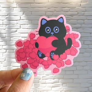 Sticker chat de la Saint-Valentin - Cadeau mignon pour amoureux des chats - Sticker chat noir - Sticker amour et coeur pour journaux, ordinateurs portables et bouteilles d'eau