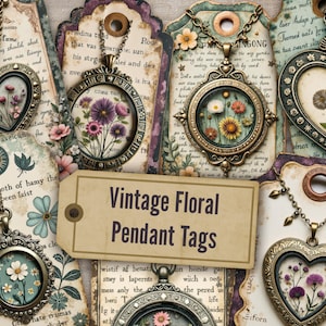 Vintage Floral Pendant Tags, Digital Junk Journal Kit, Printable Ephemera, Scrapbook Supplies, Shabby Chic Paper Crafts