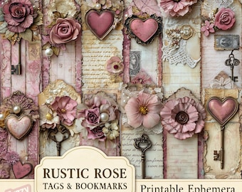 Rustic Rose Tags & Bookmarks – Printable Junk Journal Ephemera – Vintage Floral Tags – Instant Download