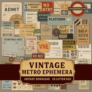 Vintage Metro Ephemera | 200 Printable Tickets, Signs & Tags | Grungy Urban Transit Paper | Junk Journal Digital Download