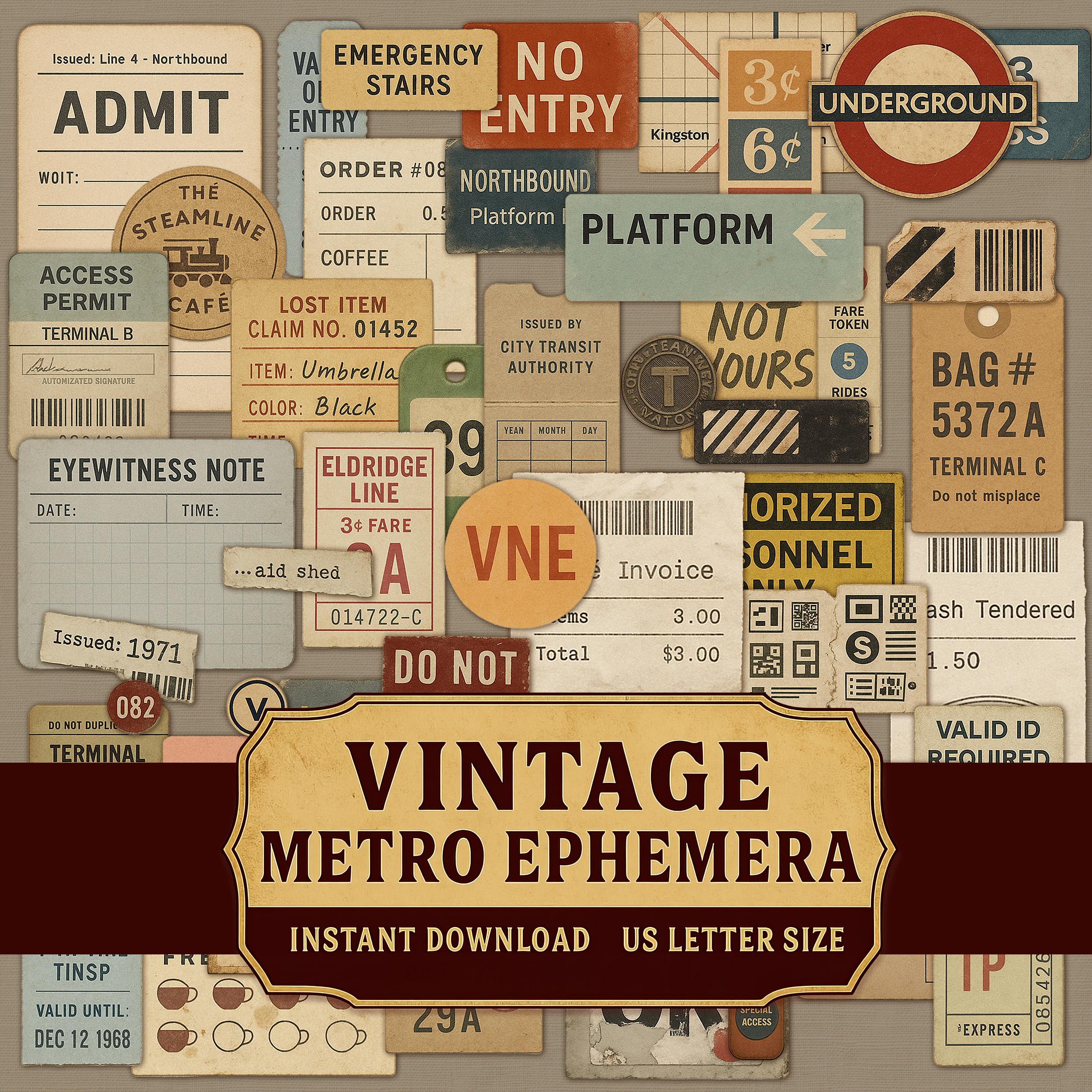 Vintage Metro Ephemera | 200 Printable Tickets, Signs & Tags | Grungy ...