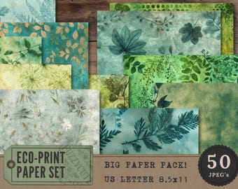 May include: A collection of patterned paper sheets in shades of green, teal, and gold, featuring botanical designs. The set includes 50 JPEG images, US Letter size 8.5x11 inches. The tag reads "ECO-PRINT PAPER SET".
