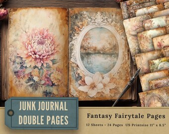 May include: Open junk journal double pages with floral and landscape illustrations. The left page features a large pink and yellow flower. The right page has a landscape scene within a white oval frame. A stack of fantasy fairytale pages is on the right. The text reads "Junk Journal Double Pages".