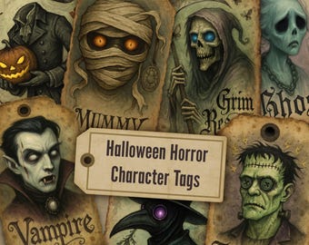 48 Halloween Printable Junk Journal Tags Bundle, Horror Character Tags for Journals, Gothic Vintage Style, Spooky Crafting, Digital Download