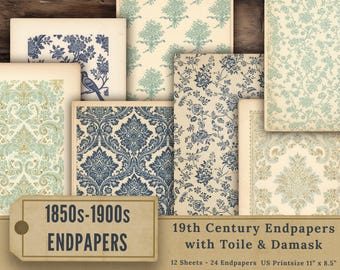 Blue Toile & Damask Endpapers, Moody Printable Kit, Victorian Junk Journal Ephemera, Antique Book Pages, Scrapbook Papers, Digital Download