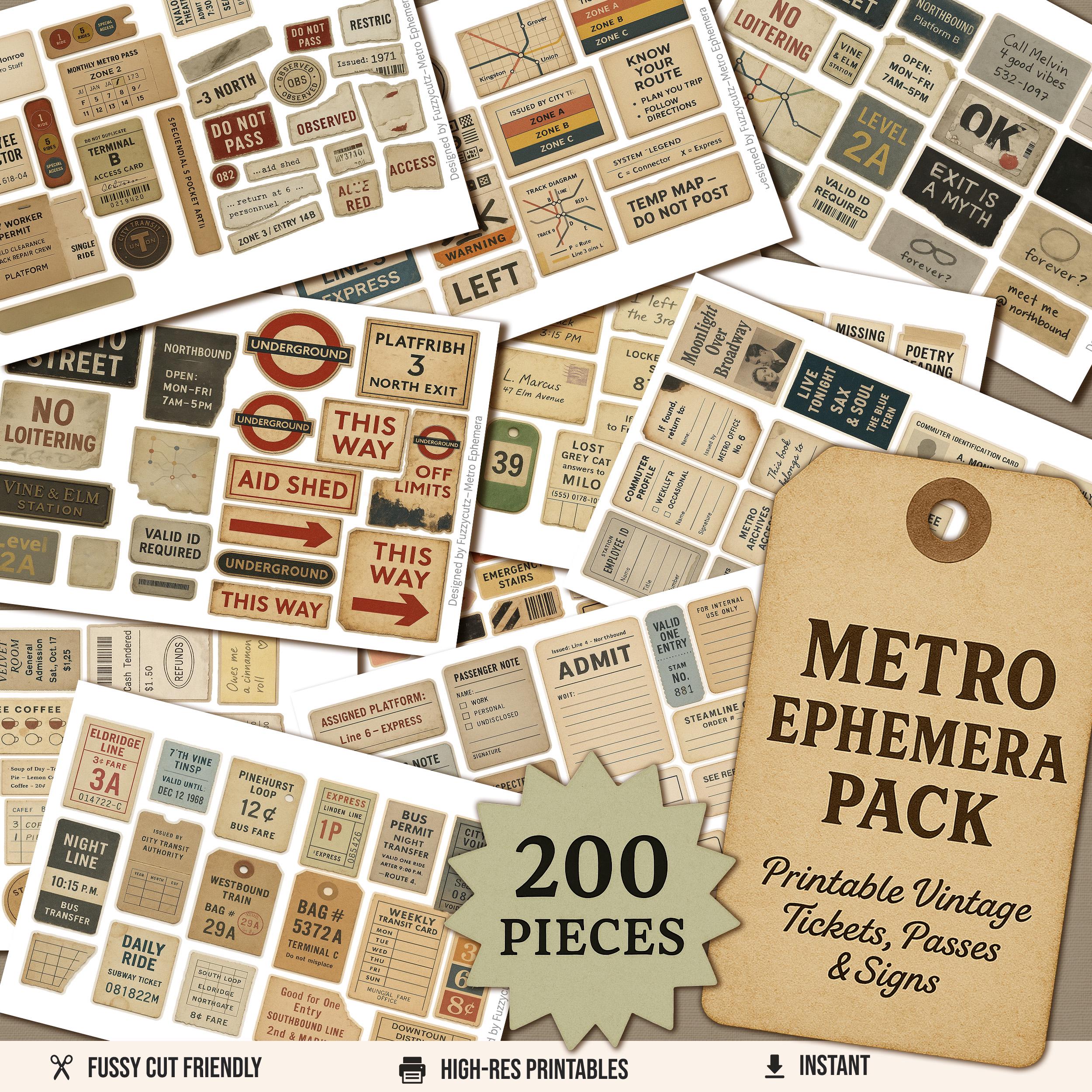 Vintage Metro Ephemera | 200 Printable Tickets, Signs & Tags | Grungy ...