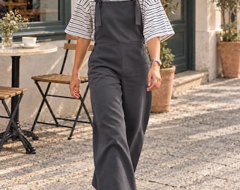Grey Wide Leg Jumpsuit for Women, Tie Strap Overalls, Relaxed Fit Cropped Dungarees