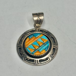 Western style Round multi stone sterling silver inlay pendant