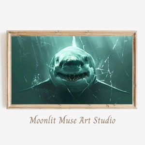 May include: A large great white shark with its mouth open, swimming towards the viewer through a cracked glass pane. The shark is in a dark blue-green water setting.